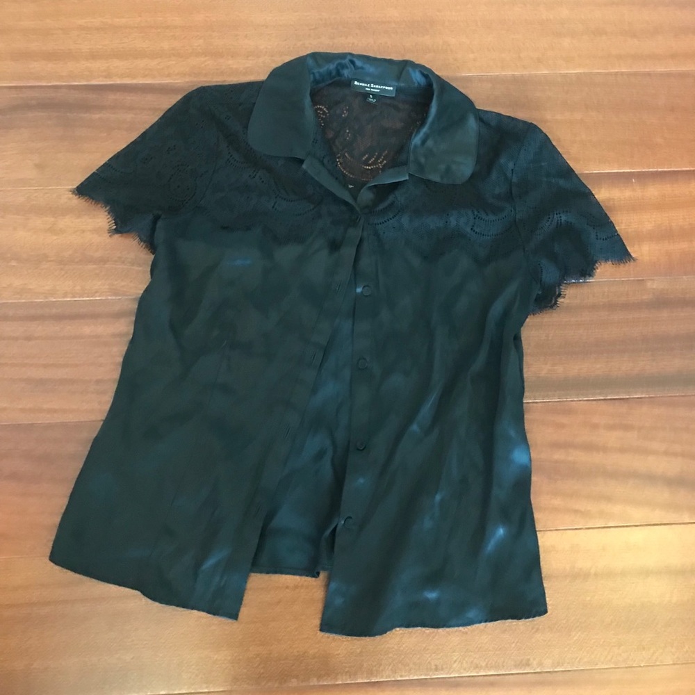 Black Lace Yoke Short-Sleeve Button Front Top